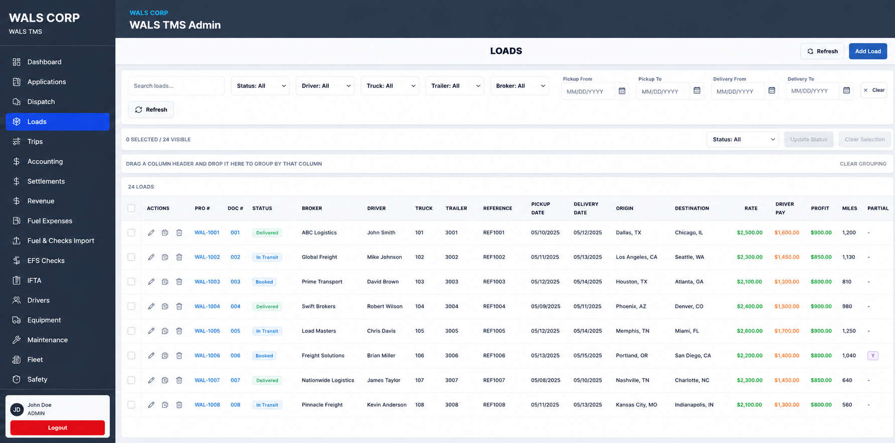 WALS TMS loads screen with searchable and filterable load records